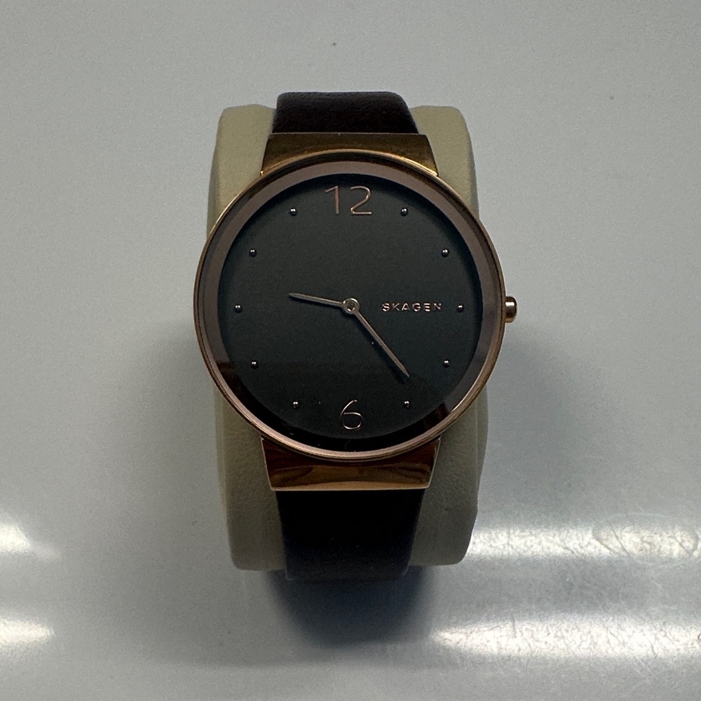 Skagen Black Dial Rose Gold-Tone Case Watch with Brown Leather Strap